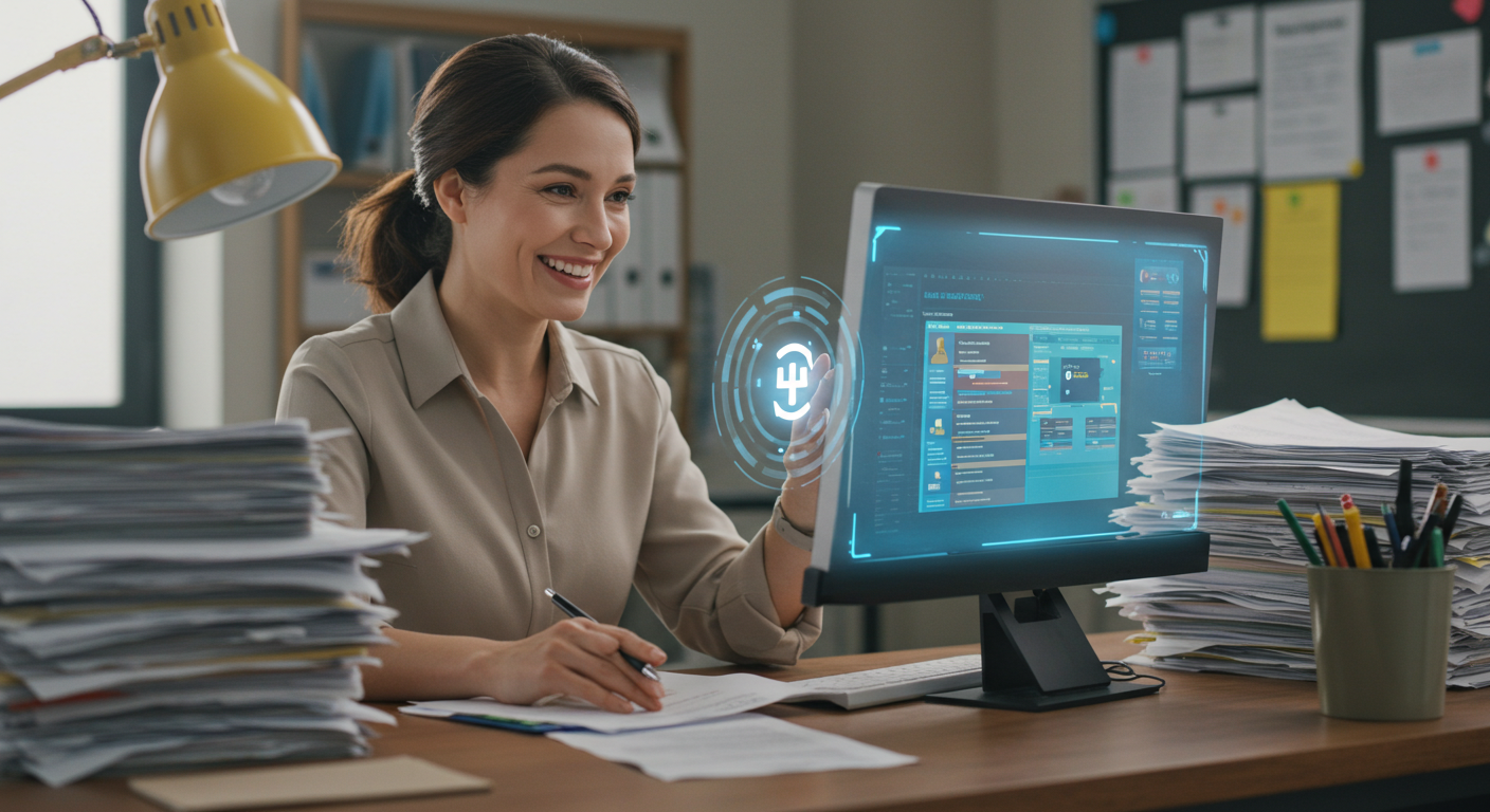 Directrice souriante utilisant une interface IA sur ordinateur dans un bureau moderne – direction scolaire